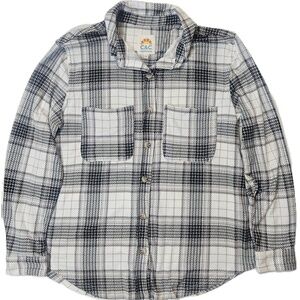 C&C California Shirt Womens Large White Black Plaid Button Front Top Long Sleeve